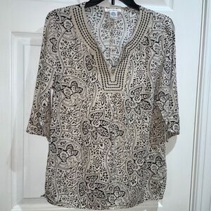 Susan Bristol linen blend paisley split neck top Sz L 3/4 sleeve vintage